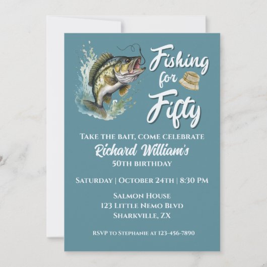 ヴィンテージ魚釣りをテーマにした50歳の誕生日パーティー 招待状 (正面)