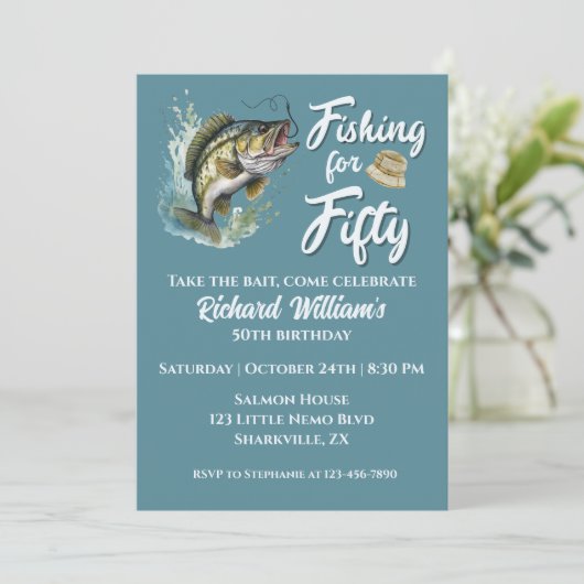 ヴィンテージ魚釣りをテーマにした50歳の誕生日パーティー 招待状 (スタンド正面)