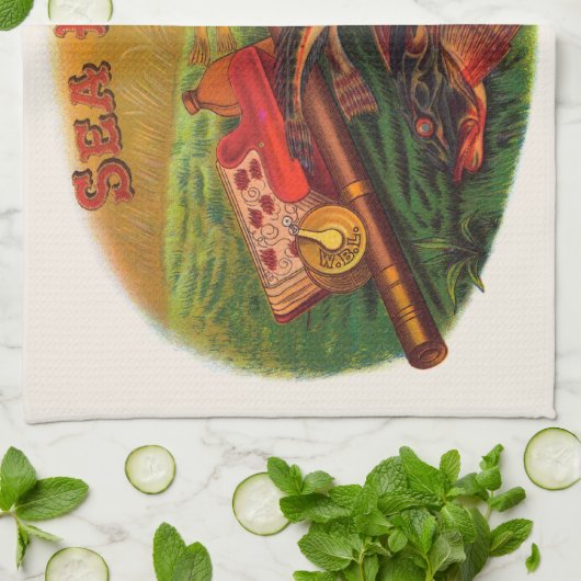 ヴィンテージ魚釣りギアシガーラベルアートシーロビン キッチンタオル (折り畳み)