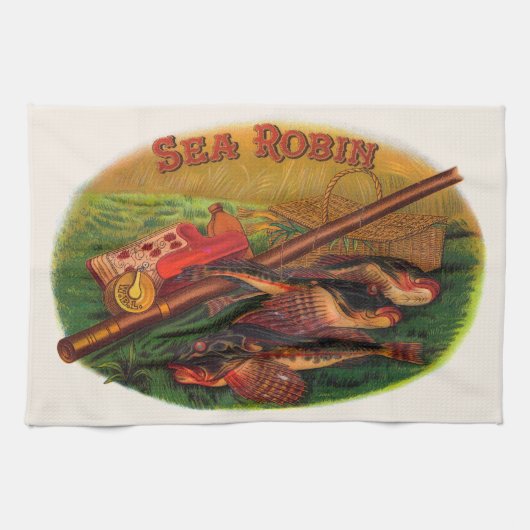 ヴィンテージ魚釣りギアシガーラベルアートシーロビン キッチンタオル (横)