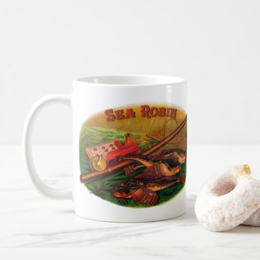 ヴィンテージ魚釣りギアシガーラベルアートシーロビン コーヒーマグカップ (ドーナツ)