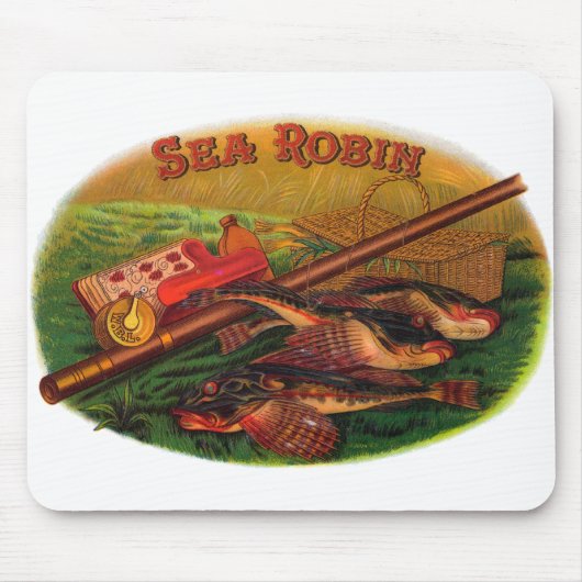 ヴィンテージ魚釣りギアシガーラベルアートシーロビン マウスパッド (正面)