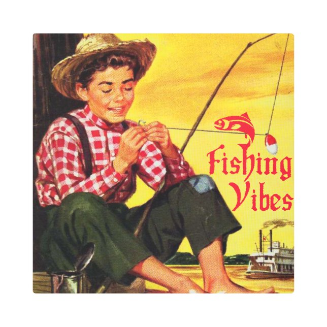 ヴィンテージ魚釣りビベスと魚釣り冒険 メタルプリント (正面)