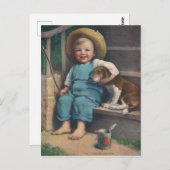 ヴィンテージ魚釣りボーイと犬はがき ポストカード (正面/裏面)