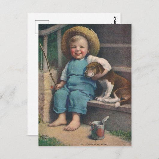 ヴィンテージ魚釣りボーイと犬はがき ポストカード (正面/裏面)