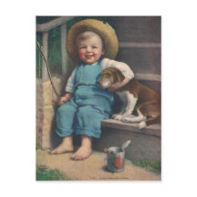 ヴィンテージ魚釣りボーイと犬はがき