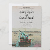 ヴィンテージ魚釣りボート海軍の目的地の結婚式 招待状 (正面)
