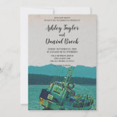 ヴィンテージ魚釣りボート海軍の目的地の結婚式 招待状 (正面)