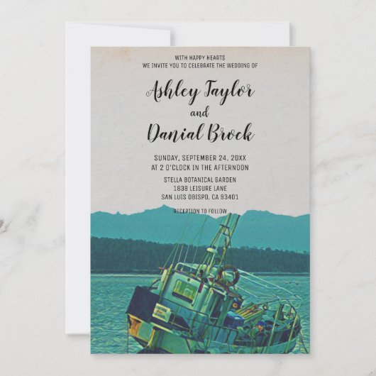 ヴィンテージ魚釣りボート海軍の目的地の結婚式 招待状 (正面)