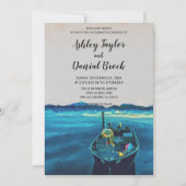 ヴィンテージ魚釣りボート海軍ブルー目的地の結婚式 招待状 (正面)
