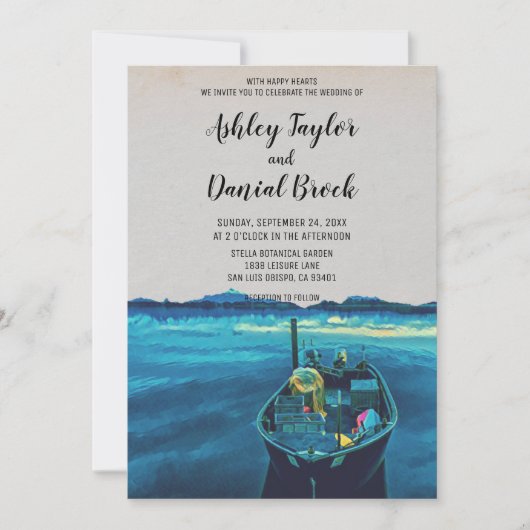 ヴィンテージ魚釣りボート海軍ブルー目的地の結婚式 招待状 (正面)