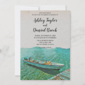 ヴィンテージ魚釣りボート海辺の目的地の結婚式 招待状 (正面)