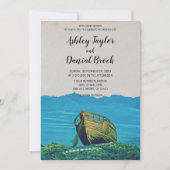 ヴィンテージ魚釣りボート港海軍の目的地の結婚式 招待状 (正面)