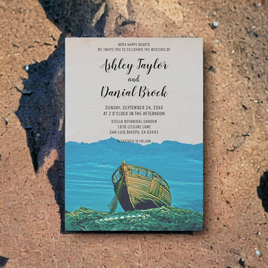 ヴィンテージ魚釣りボート港海軍の目的地の結婚式 招待状