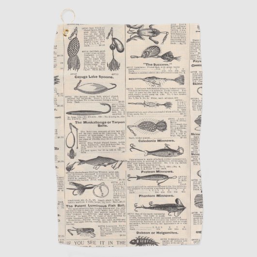 ヴィンテージ魚釣りルアー：アンティーク1900年代の漁師 ゴルフタオル (正面)