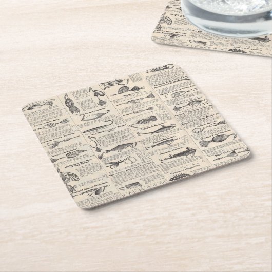 ヴィンテージ魚釣りルアー：アンティーク1900年代の漁師 スクエアペーパーコースター (アングル)