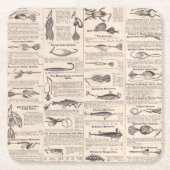 ヴィンテージ魚釣りルアー：アンティーク1900年代の漁師 スクエアペーパーコースター (正面)