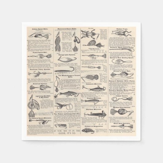 ヴィンテージ魚釣りルアー:アンティーク1900年代の漁師 スタンダードカクテルナプキン (正面)