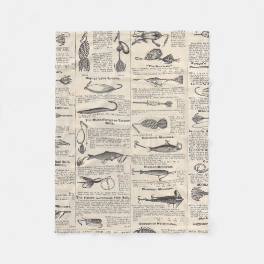 ヴィンテージ魚釣りルアー:アンティーク1900年代の漁師 フリースブランケット (正面)