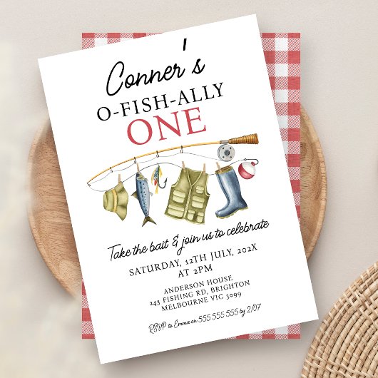 ヴィンテージ魚釣りロッドO-Fish-Ally One 1 Birthday 招待状