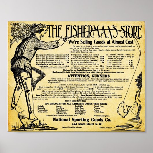 ヴィンテージ魚釣り店舗とタックルプリント ポスター (正面)
