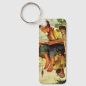ヴィンテージ魚釣り、彼の子犬とワームの少年 キーホルダー (正面)