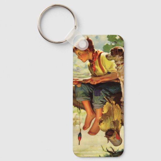 ヴィンテージ魚釣り、彼の子犬とワームの少年 キーホルダー (正面)