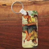 ヴィンテージ魚釣り、彼の子犬とワームの少年 キーホルダー (正面)