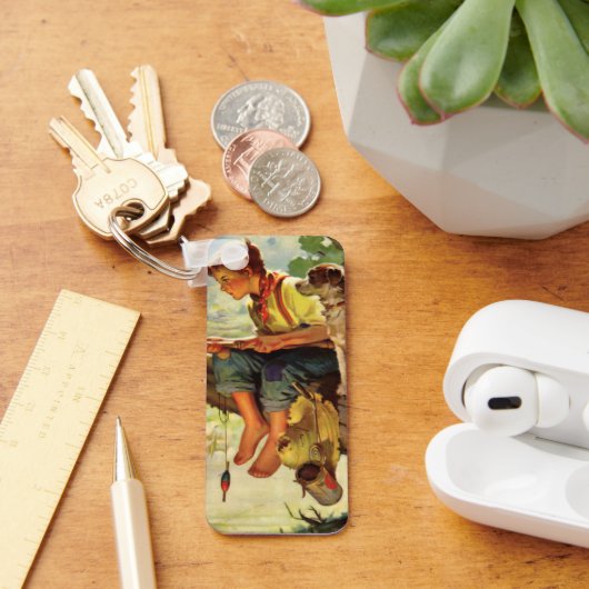 ヴィンテージ魚釣り、彼の子犬とワームの少年 キーホルダー (デスク)