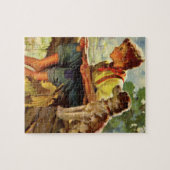 ヴィンテージ魚釣り、彼の子犬とワームの少年 ジグソーパズル (横)