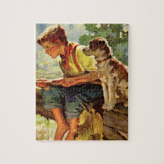 ヴィンテージ魚釣り、彼の子犬とワームの少年 ジグソーパズル (縦)