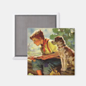 ヴィンテージ魚釣り、彼の子犬とワームの少年 マグネット (正面/裏面)