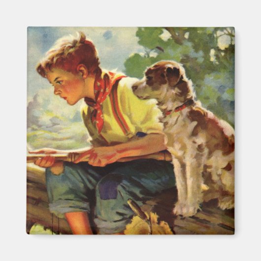 ヴィンテージ魚釣り、彼の子犬とワームの少年 マグネット (正面)