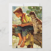 ヴィンテージ魚釣り、彼の子犬とワームの少年 招待状 (正面)