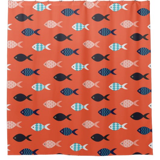 ヴィンテージ魚、サンゴの赤いパターン。 シャワーカーテン (正面)