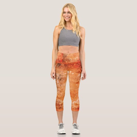 ヴィンテージ鮮やかオレンジ色クリームフローラスクリプト カプリレギンス (正面)