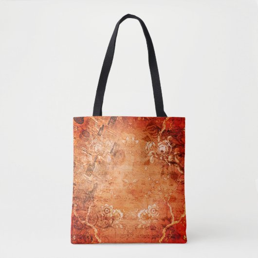 ヴィンテージ鮮やかオレンジ色クリームフローラスクリプト トートバッグ (正面)