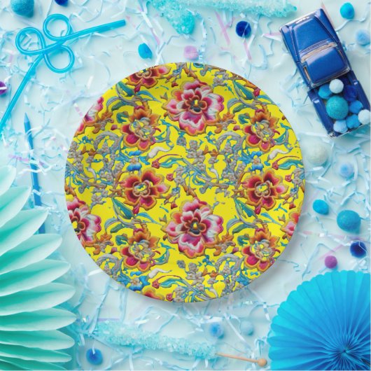 ヴィンテージ鮮やかフローラ刺繍模様 ペーパープレート (パーティー)