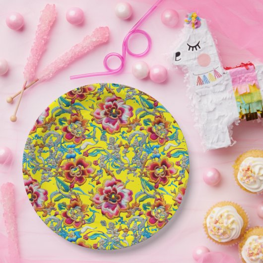 ヴィンテージ鮮やかフローラ刺繍模様 ペーパープレート (パーティー)