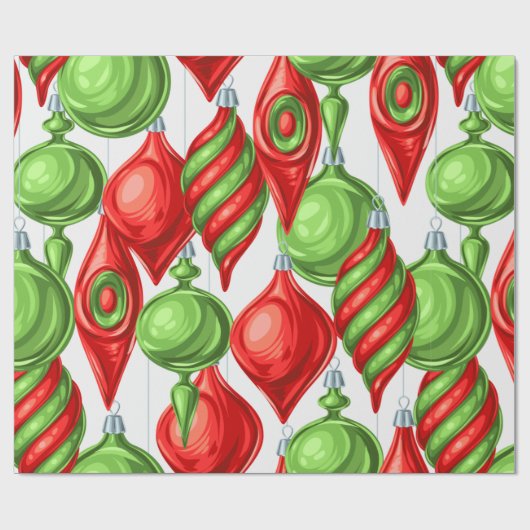 ヴィンテージ鮮やか赤と緑のクリスマスオーナメント ラッピングペーパー (フラット)