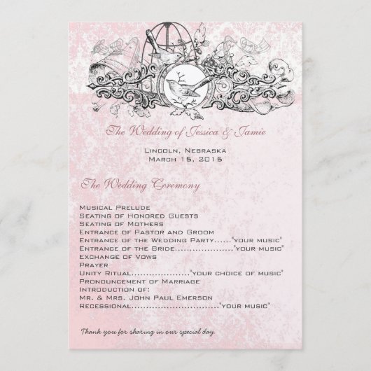 ヴィンテージ鳥かごミュージカルスクロール結婚式メニュー プログラム (正面)