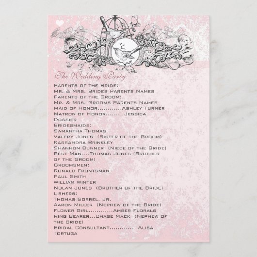 ヴィンテージ鳥かごミュージカルスクロール結婚式メニュー プログラム (裏面)