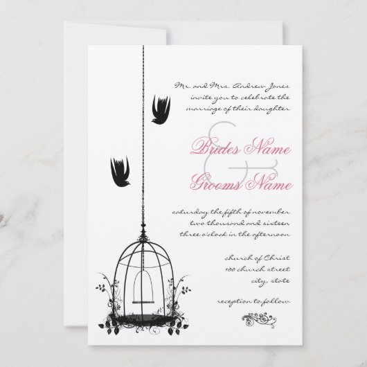 ヴィンテージ鳥かご赤アクセントdamask結婚式 招待状 (正面)