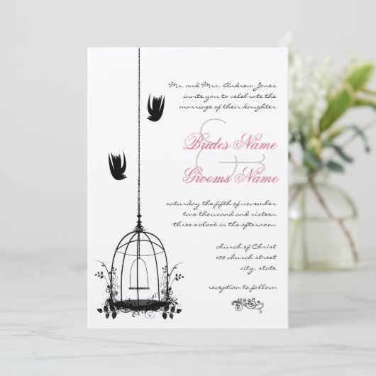 ヴィンテージ鳥かご赤アクセントdamask結婚式 招待状 (スタンド正面)