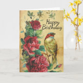 ヴィンテージ鳥とバラのハッピーバースデーカード カード (黄色い花)