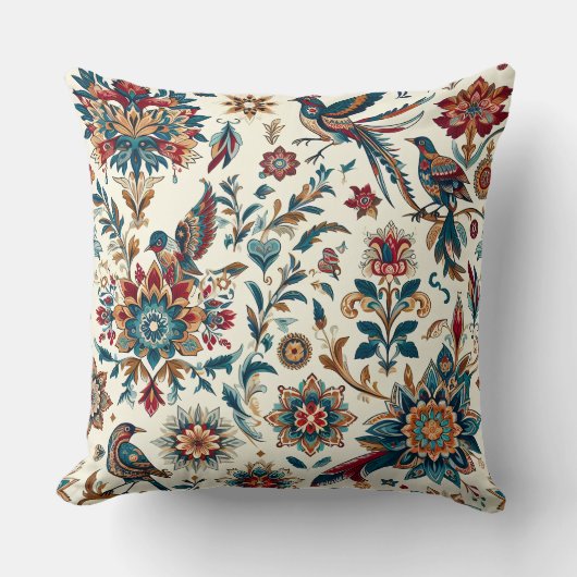 ヴィンテージ鳥と花模様のパターン枕 クッション (正面)