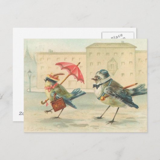 ヴィンテージ鳥のカップル ポストカード とってもかわいい (正面/裏面)