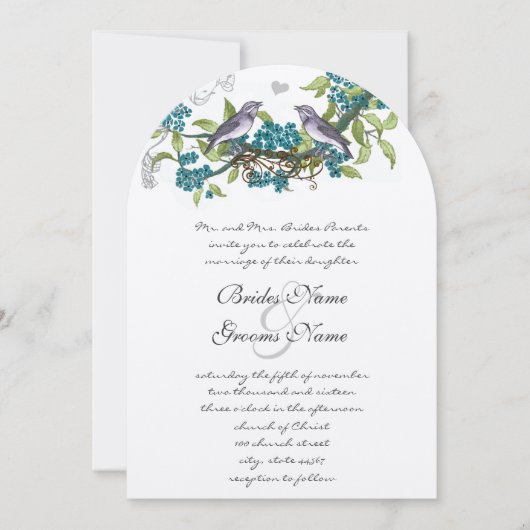 ヴィンテージ鳥のティール（緑がかった色）紫と緑の結婚式の招待 招待状 (正面)