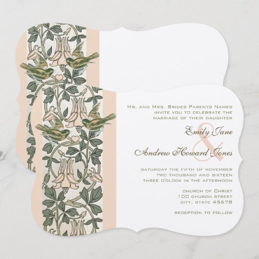 ヴィンテージ鳥のブッシュピンクハニースククル花の結婚式 招待状 (正面/裏面)