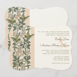 ヴィンテージ鳥のブッシュピンクハニースククル花の結婚式 招待状